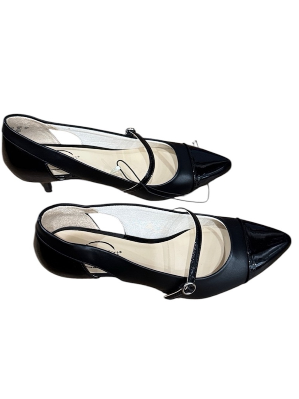 Simply Comfort Black Mary Jane Kitten Heels Pointed Toe Patent Cap Chic